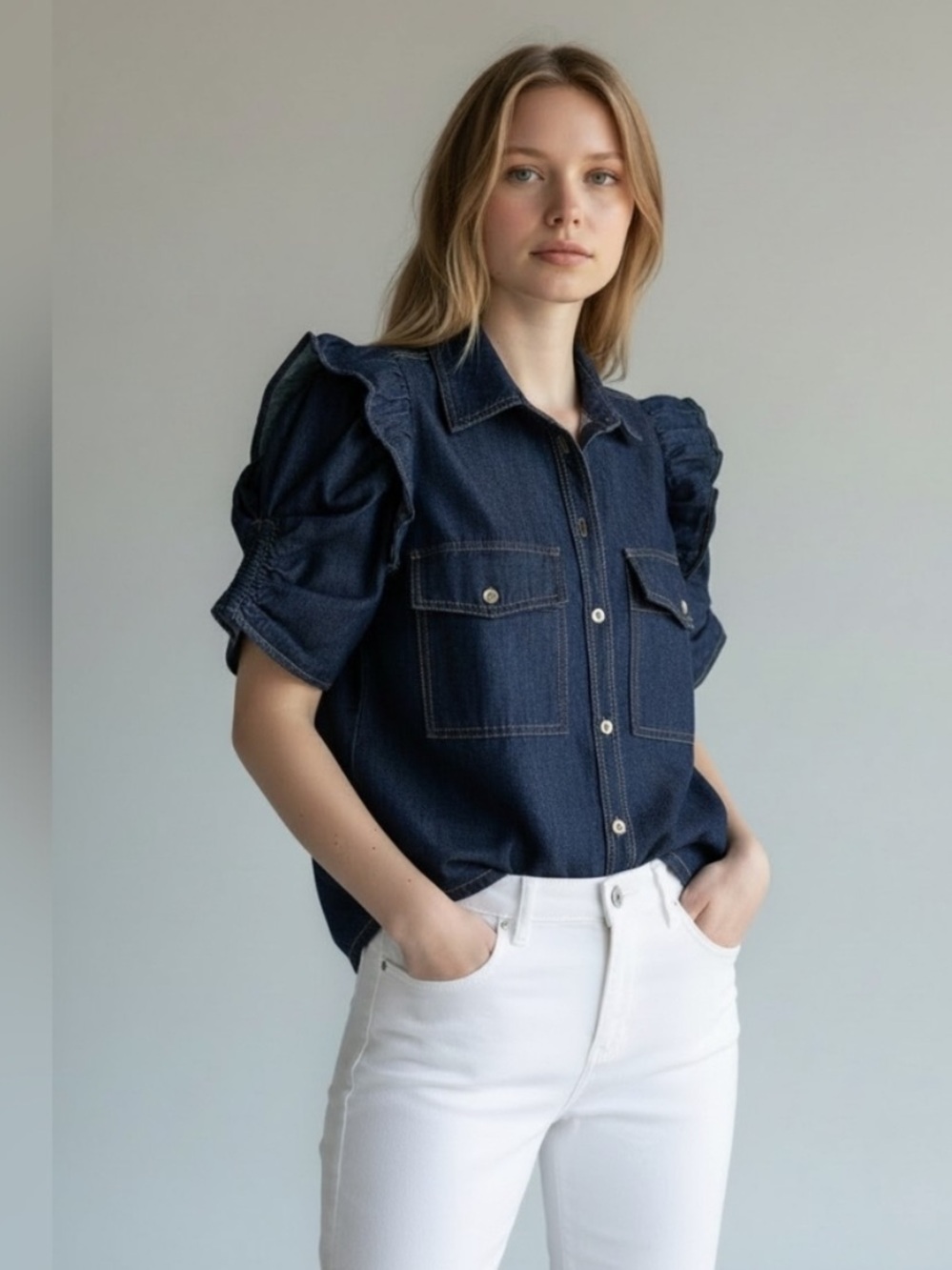 Anthropologie Pilcro Shirt Ozzie Ruffle Sleeve Denim Size M